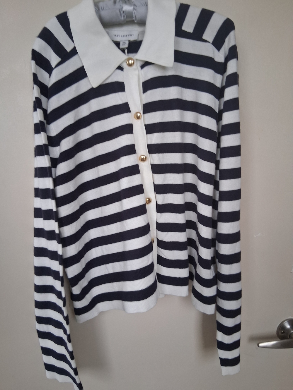 Free Assembly Navy Striped Knit Cardigan with Gold Buttons